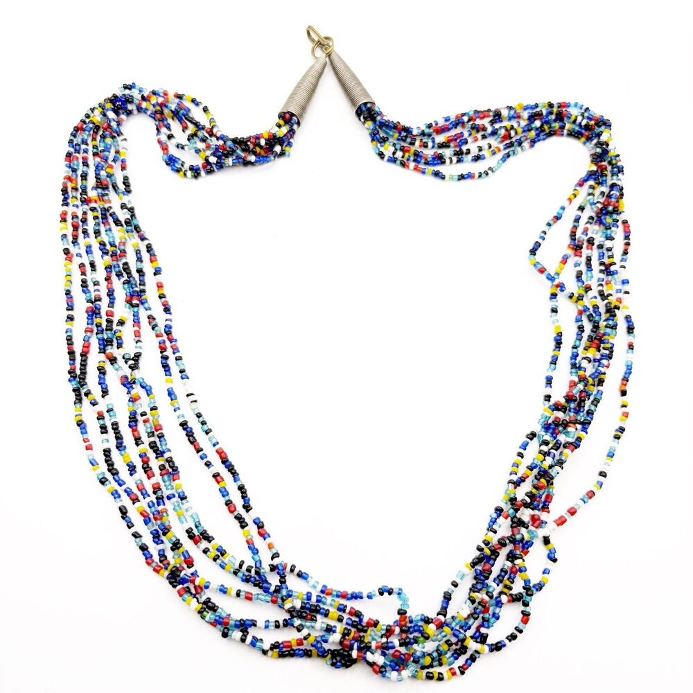8 Strand Seed Bead Boho Folk Art Multi-color Necklace 26” Statement Artisan